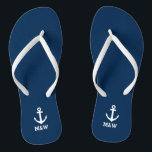 Maßgeschneiderte nautische Monogramm Strand Hochze Flip Flops<br><div class="desc">Personalisierte Hochzeitskippen für Braut und Bräutigam oder Gäste. Elegantes Gastgeschenk Set mit eigenem Nachnamen oder Monogramm und Segelschiff / Bootanker Ikone. Individueller Hintergrund und Band Farbe für ihn und sie / Männer und Frauen. Romantisches Marineblau und Weiß, seine und ihre Keilsandalen mit stilvollen Skriptkalligraphie Typografie. Vergnügen für Hochzeiten, Hochzeiten, Brautparty,...</div>