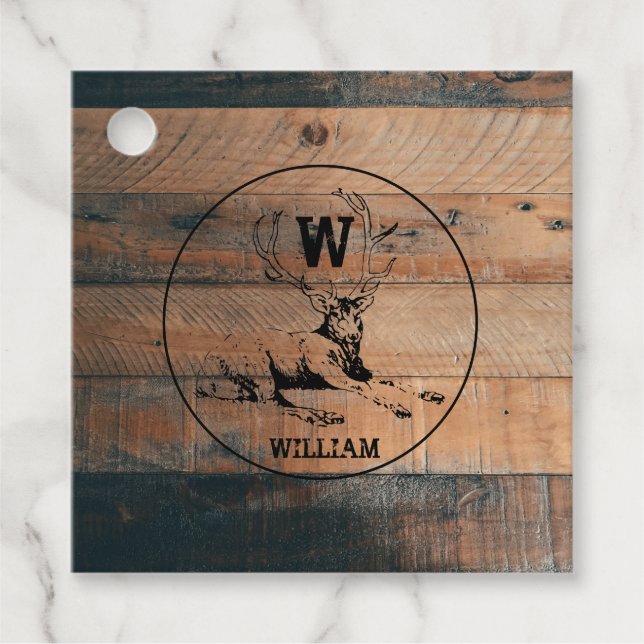 Maßgeschneiderte rustikale Holztextur & Hirschmono Geschenkanhänger (Vorderseite)