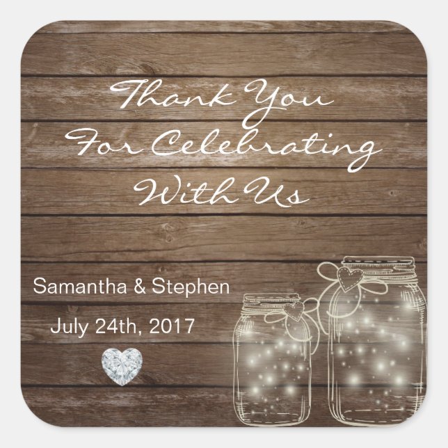 Maßgeschneiderte Rustikale Mason Jars Wood Hearts  Quadratischer Aufkleber (Vorderseite)