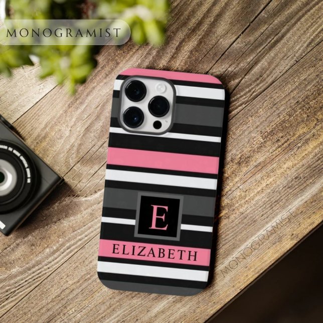 Maßgeschneiderte schwarz-rosa-graue Streifen Case-Mate iPhone Hülle (Customizable Black Pink Grey White Stripes Case-Mate iPhone Case)