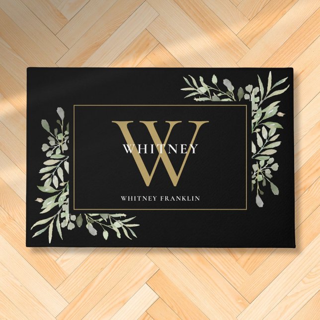 Maßgeschneiderte Schwarz- und Gold Monogramm-Grünp Fußmatte (Custom Black And Gold Monogram Greenery Floral Doormat)