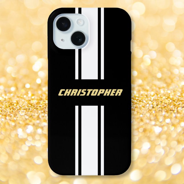 Maßgeschneiderte Schwarz-weiße Streifen Gold Mit M Case-Mate iPhone Hülle (Custom Black White Racing Stripes Gold Monogrammed Case-Mate iPhone Case)