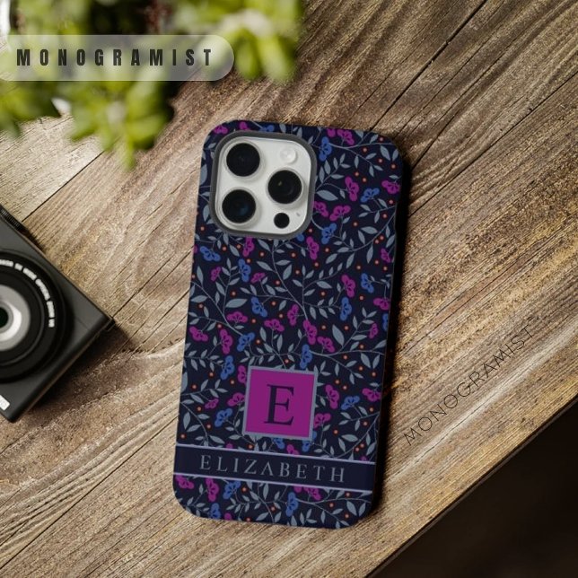 Maßgeschneiderte Schwarze Blütendarm Lila Blue Blu iPhone Hülle (Customizable Black Floral Dark Purple Blue Flowers iPhone Case)