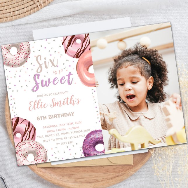 Maßgeschneiderte süße Party Einladungen für Kinder (Six Sweet Pink Donut Birthday Invitations photo)