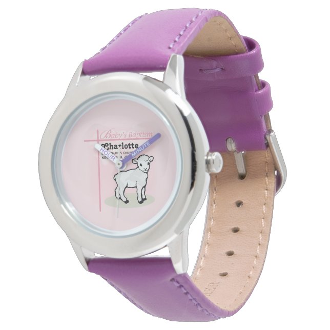 Maßgeschneiderte Taufe, Rosa, Mädchen, Lamm Armbanduhr (Schrägansicht)