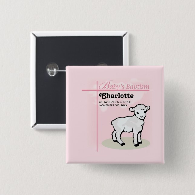 Maßgeschneiderte Taufe, Rosa, Mädchen, Lamm Button (Vorne & Hinten)