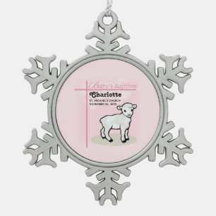 Maßgeschneiderte Taufe, Rosa, Mädchen, Lamm Schneeflocken Zinn-Ornament