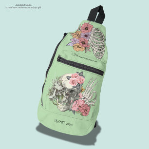 Maßgeschneiderte Wasserfarbe Blumenschädel Grüne Crossbody Bag
