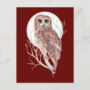 Maßgeschneiderte Wasserfarbe in Baum, Mond, Vogel, Postkarte