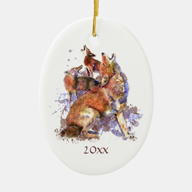 Maßgeschneiderte Wasserfarben-Howling-Coyotes Tier Keramik Ornament (Vorne)
