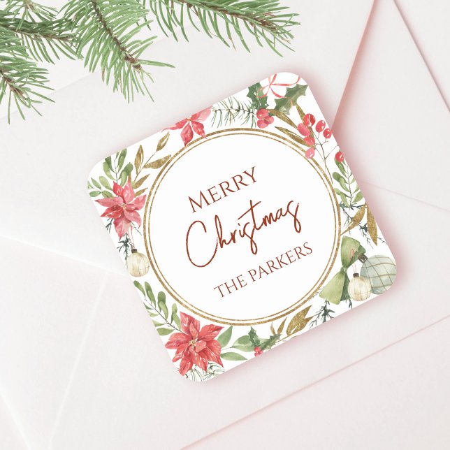 Maßgeschneiderte Weihnachts-Festivals-Blumenrahmen Quadratischer Aufkleber (Von Creator hochgeladen)