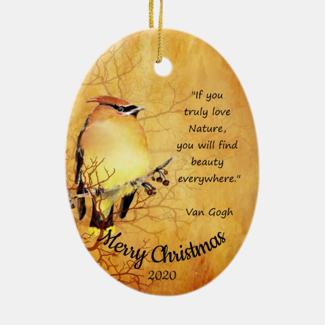 Maßgeschneiderte Weihnachtswasserfarbe Cedar Waxwi Keramik Ornament (Hinten)