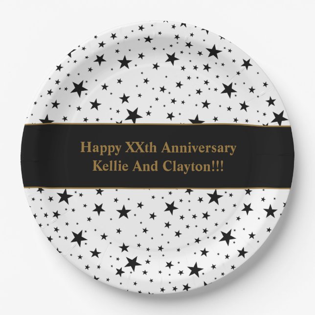 Maßgeschneiderte Weiß-/Schwarz-Sterne mit Nachrich Pappteller (Vorderseite)