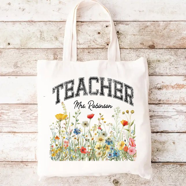 Maßgeschneiderte Wildblumen Lehrertasche, Geschenk Tragetasche (wildflowers tote bag, personalized name tote, teacher tote bag, teacher appreciation gift)