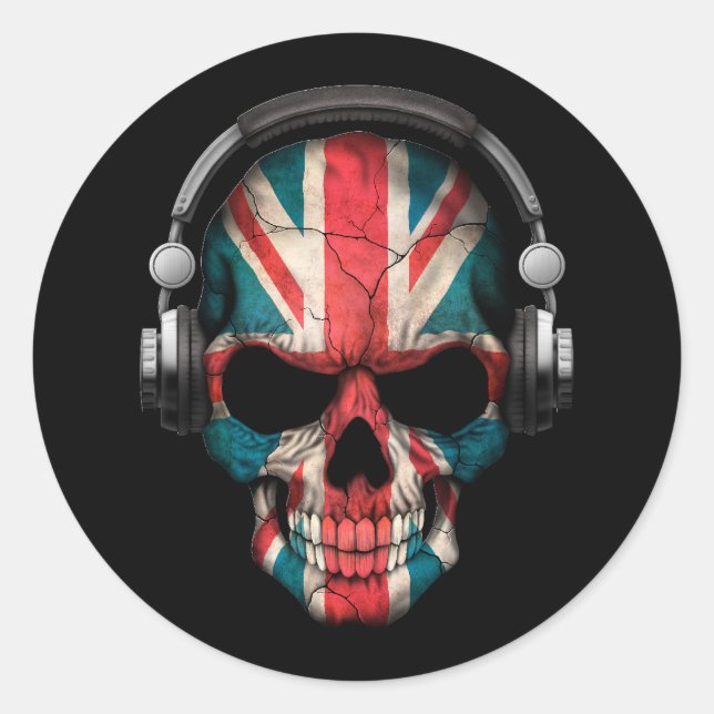 Maßgeschneiderter britischer Dj-Skull mit Kopfhöre Runder Aufkleber (Vorderseite)
