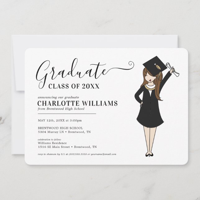 Maßgeschneiderter Girl-Avatar | High School Abschl Einladung (Vorderseite)