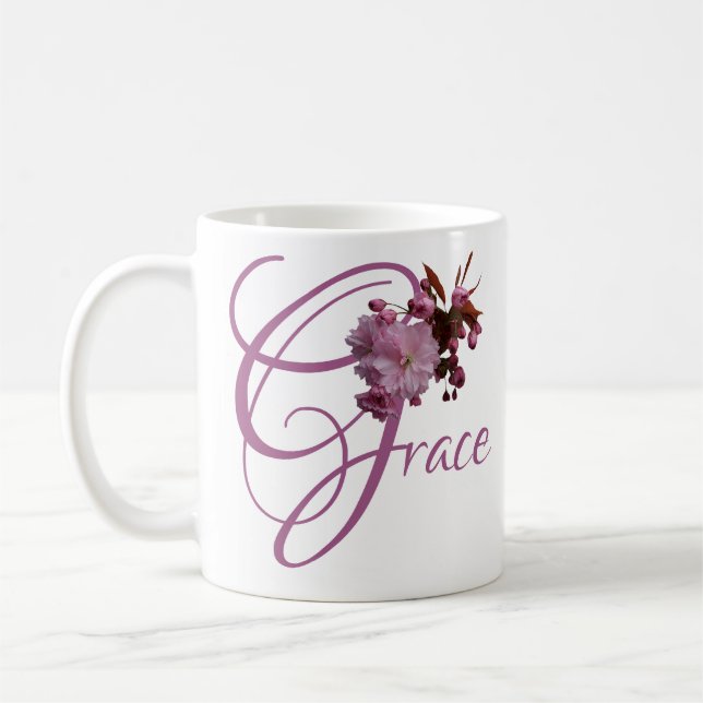 Maßgeschneiderter Name Grace Pink Kirsche Blüte bo Kaffeetasse (Links)