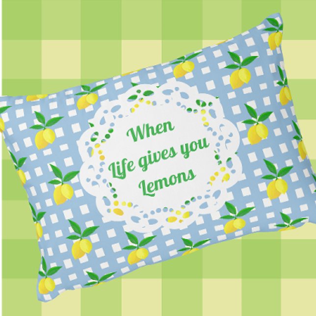 Maßgeschneiderter Preppy Yellow Lemons Blue White  Dekokissen (Darling accent pillow you can personalize with your own message or names)