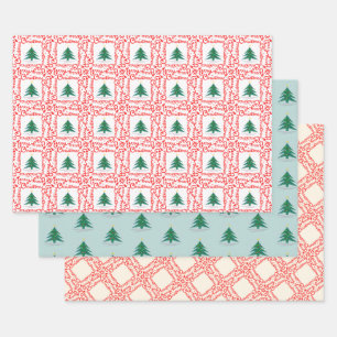 Maßgeschneiderter Rot-Weiß-Frohe Weihnachtsbaum Geschenkpapier Set