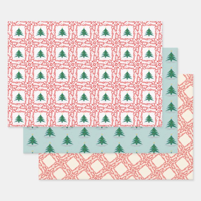 Maßgeschneiderter Rot-Weiß-Frohe Weihnachtsbaum Geschenkpapier Set (Set)