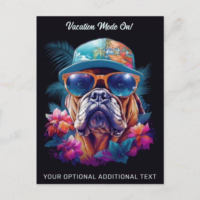 Maßgeschneiderter Text Tropical Vacacation Dog Postkarte (Vorderseite)