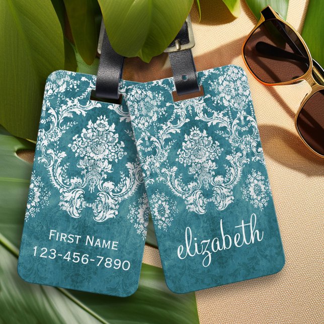 Maßgeschneiderter türkisfarbener Damaskus-Muster Gepäckanhänger (Personalized Luggage and Bag Tag)