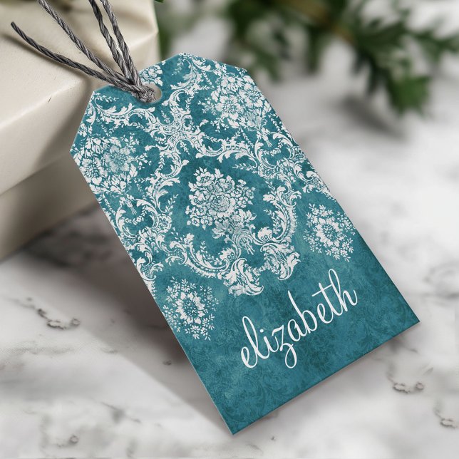 Maßgeschneiderter türkisfarbener Damaskus-Muster Geschenkanhänger (Custom Gift Tag)