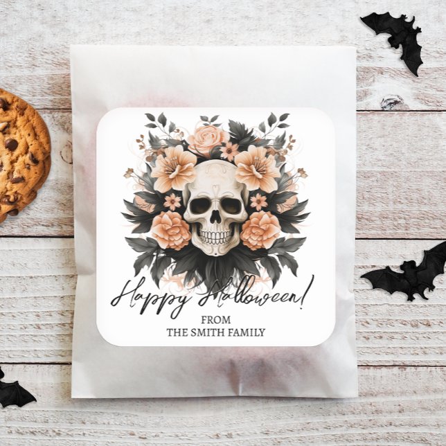 Maßgeschneiderter Vintager Blumenschmuck Quadratischer Aufkleber (Easily personalize these spooky Halloween stickers with just a few clicks.)
