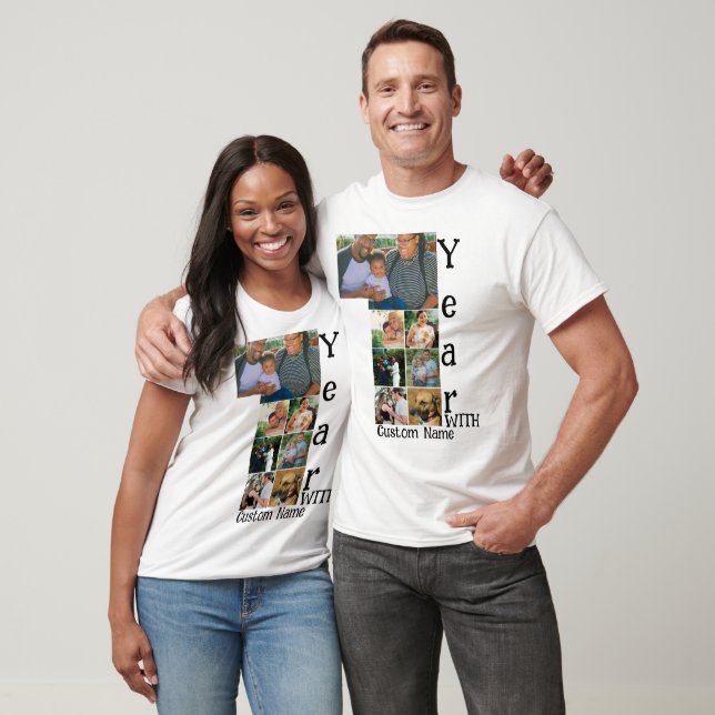 Maßgeschneidertes 1. Hochzeitstag 7 Foto Collage T-Shirt (Unisex)