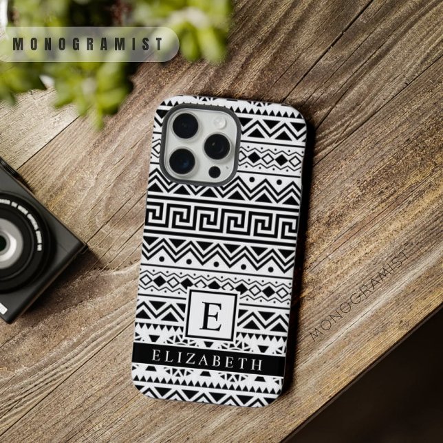 Maßgeschneidertes Azteken-Muster in Weiß und Schwa iPhone Hülle (Customizable White and Black Aztec Pattern iPhone Case)