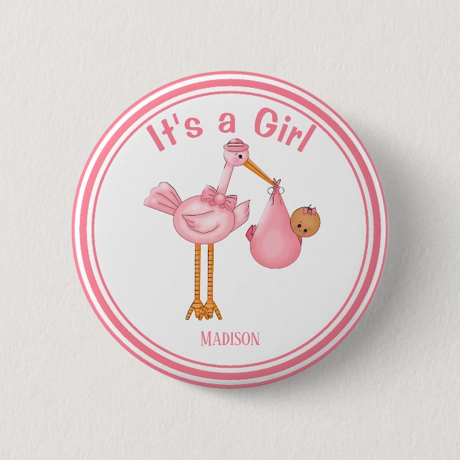 Maßgeschneidertes Baby Shower Stork Baby Girl Button (Vorderseite)