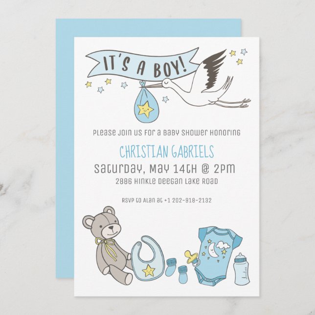 Maßgeschneidertes Blau Es ist eine Bo Baby Dusche  Einladung (Vorne/Hinten)