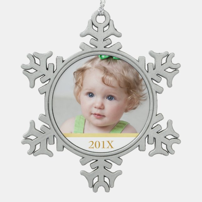 Maßgeschneidertes Foto und Jahresverzierung Schneeflocken Zinn-Ornament (Vorderseite)