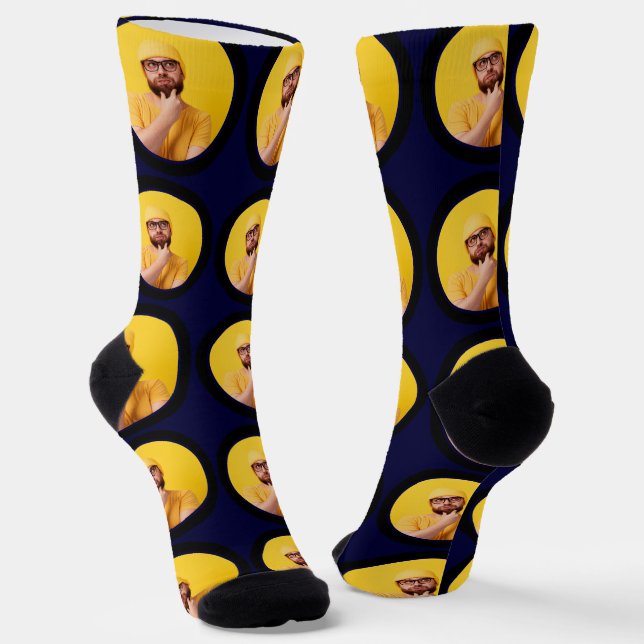 Maßgeschneidertes Funny Face Foto Navy Blue Custom Socken (Gewinkelt)