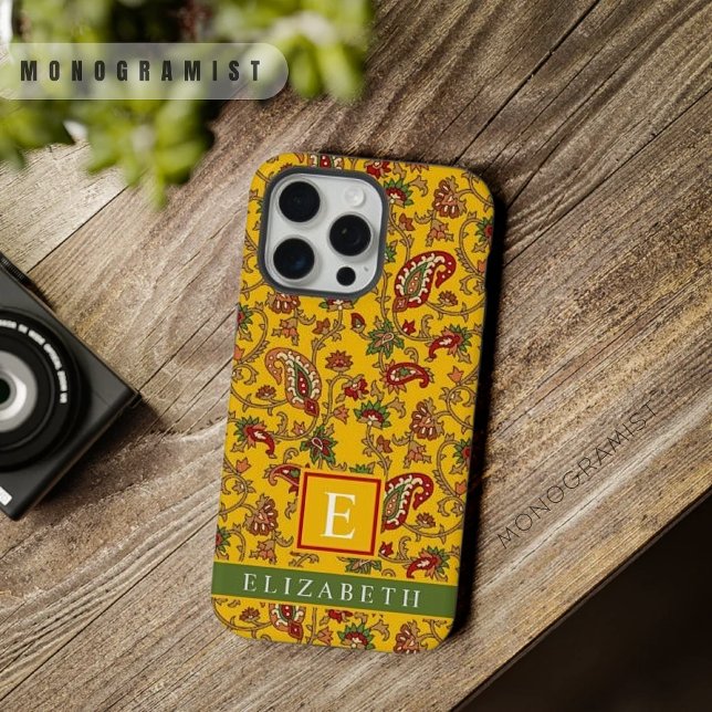 Maßgeschneidertes, hellgelbes Rot-Grün-Paisley iPhone Hülle (Customizable Bright Yellow Red Green Paisley iPhone Case)