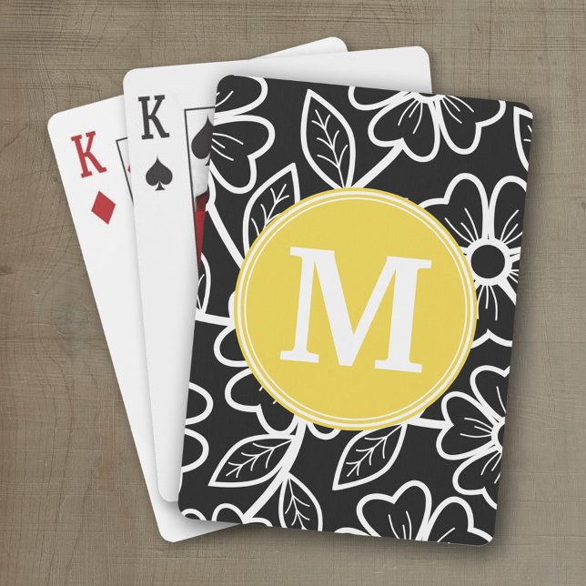 Maßgeschneidertes Monogramm für Schwarz-Weiß-Muste Spielkarten (Personalized playing cards with a funky floral pattern and a place for a name)