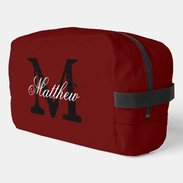 Maßgeschneidertes Monogramm-Maroon-Reisetasche-Kit Waschbeutel (Linke Seite)