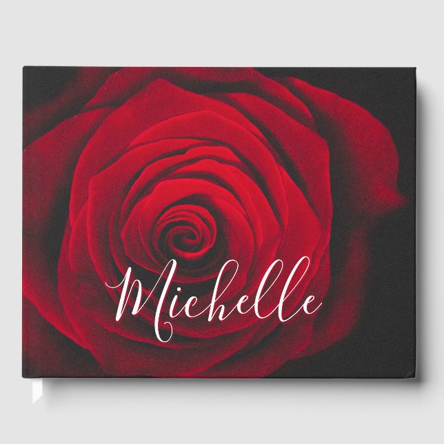 Maßgeschneidertes Monogramm rote Rose Vintages Fot Gästebuch (Vorderseite)