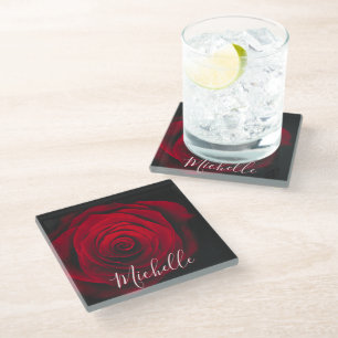 Maßgeschneidertes Monogramm rote Rose Vintages Fot Glasuntersetzer