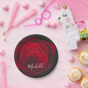 Maßgeschneidertes Monogramm rote Rose Vintages Fot Pappteller