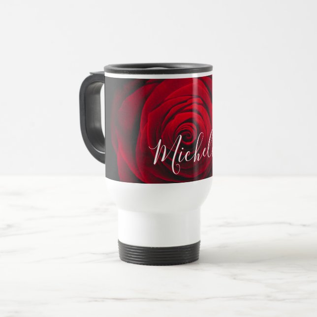 Maßgeschneidertes Monogramm rote Rose Vintages Fot Reisebecher (Vorderseite Links)
