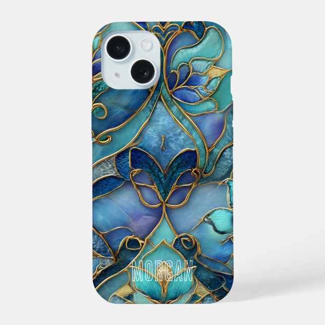 Maßgeschneidertes Muster aus blau-grün gestanztem  iPhone 15 Hülle (Rückseite)