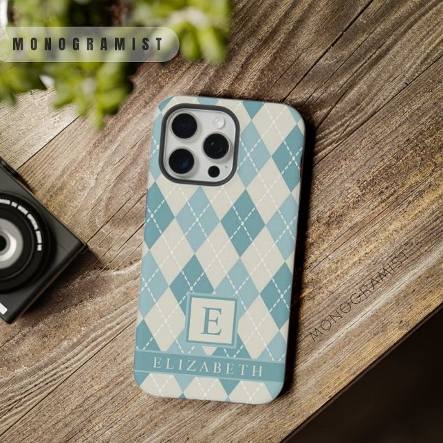 Maßgeschneidertes Muster für Aquamarin blaugrüne g iPhone Hülle (Customizable Teal Blue Green Grey Argyle Pattern iPhone Case)