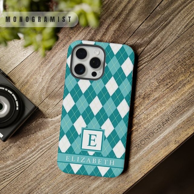 Maßgeschneidertes Muster für Aquamarin blaugrüne R iPhone Hülle (Customizable Teal Blue Green White Argyle Pattern iPhone Case)