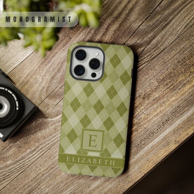 Maßgeschneidertes Muster für die Graustufen Olive  iPhone Hülle (Customizable Grey Sage Olive Green Argyle Pattern iPhone Case)