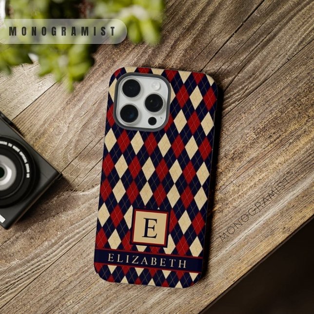 Maßgeschneidertes Navy Blue Yellow Raute Muster iPhone Hülle (Customizable Navy Blue Red Yellow Argyle Pattern iPhone Case)