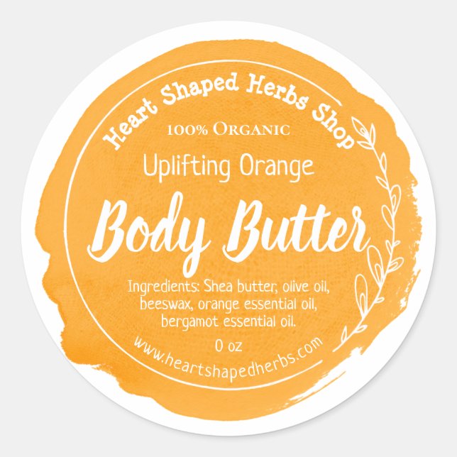 Maßgeschneidertes Orange Body Butter Label handgef Runder Aufkleber (Vorderseite)