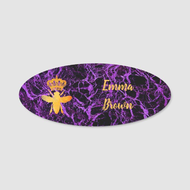 Maßgeschneidertes QUEEN BEE Gold Lila Abzeichen Bu Namensschild (Vorderseite)