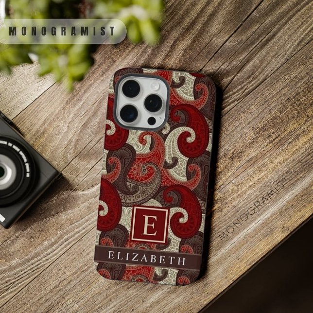 Maßgeschneidertes rotes, weißes, braunes Paisley-M iPhone Hülle (Customizable Red White Grey Brown Paisley Pattern iPhone Case)