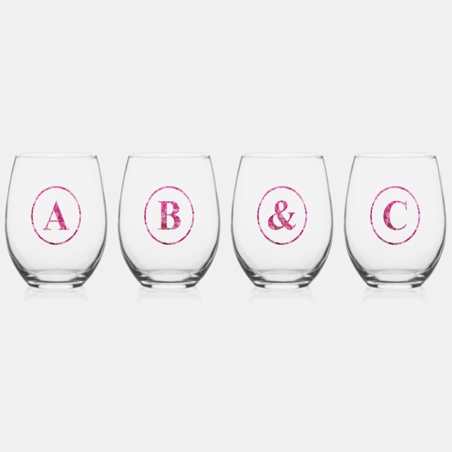 Maßgeschneidertes Set, rosa Mit Monogramm Blumensc Weinglas Ohne Stiel (Vorderseite)